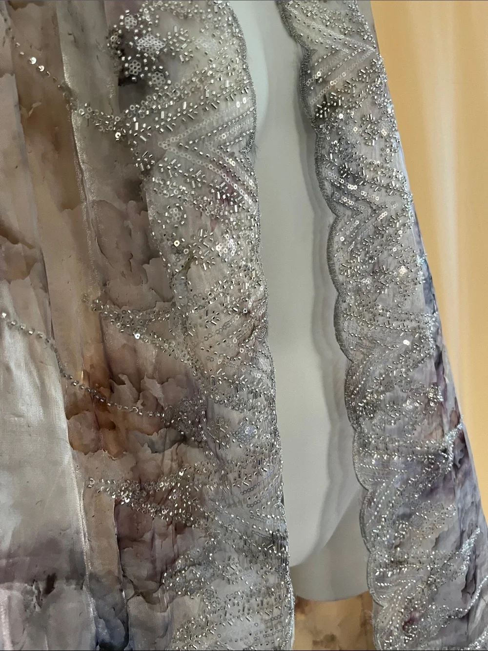 Unique Vintage Sheer Floral Scarf Wrap in Light Gray and Silver